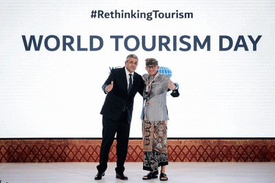 Menparekraf Sandiaga Salahuddin Uno saat memberikan sambutan dalam World Tourism Day 2022 di Grand Hyatt Bali, Nusa Dua, Selasa (27/9/2022).