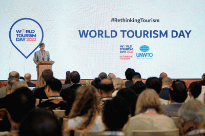 Menparekraf Sandiaga Salahuddin Uno saat memberikan sambutan dalam World Tourism Day 2022 di Grand Hyatt Bali, Nusa Dua, Selasa (27/9/2022).