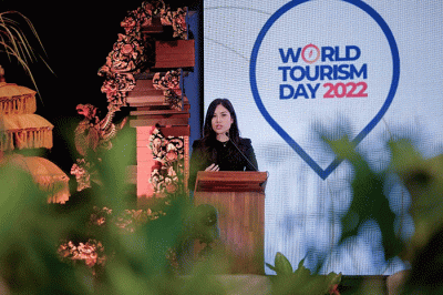 Wamenparekraf Angela Tanoesoedibjo memberikan Introductory Remarks in WTD Panel Discussion: Rethinking Tourism and New Governance Recovery.