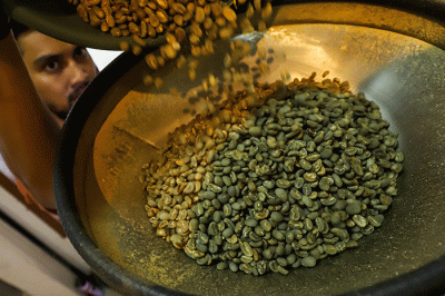 Pemilik cafe sedang melakukan Roasting Kopi di Jakarta, Selasa (4/10/2022).