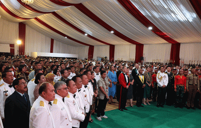 Menteri Pertahanan Prabowo Subianto saat acara syukuran HUT TNI ke-77 di Kemhan, Jakarta, Rabu (5/10/2022).