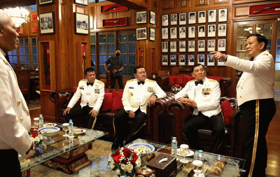 Menteri Pertahanan Prabowo Subianto saat acara syukuran HUT TNI ke-77 di Kemhan, Jakarta, Rabu (5/10/2022).