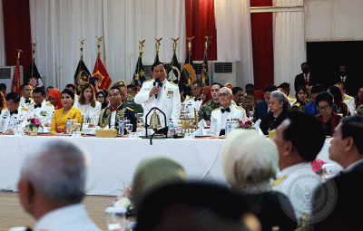 Menteri Pertahanan Prabowo Subianto saat acara syukuran HUT TNI ke-77 di Kemhan, Jakarta, Rabu (5/10/2022).
