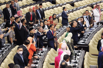 Presiden Joko Widodo menyampaikan pidatonya saat pembukaan the 8th G20 Parliamentary Speakers' Summit (P20) di Gedung Nusantara, Kompleks Parlemen, Senayan.