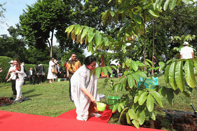 Ketua DPR Puan Maharani saat menanam pohon bersama dengan para delegasi yang hadir di acara P20 di Taman Energi, Kompleks Parlemen MPR/DPR-DPD.
