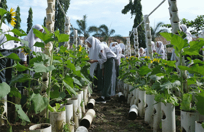 Sejumlah siswa belajar bercocok tanam di kebun sekolah SMA Negeri 10 Makassar, Selasa (11/10/2022).