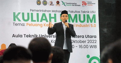 Ketua OIAA Indonesia TGB HM Zainul Majdi mengisi kuliah umum di Fakultas Teknik Universitas Sumatera Utara, Kamis (13/10/2022).
