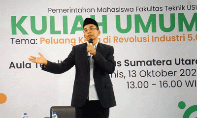 Ketua OIAA Indonesia TGB HM Zainul Majdi mengisi kuliah umum di Fakultas Teknik Universitas Sumatera Utara, Kamis (13/10/2022).