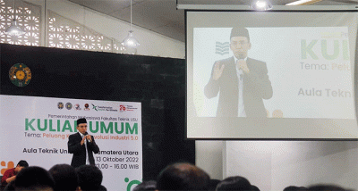 Ketua OIAA Indonesia TGB HM Zainul Majdi mengisi kuliah umum di Fakultas Teknik Universitas Sumatera Utara, Kamis (13/10/2022).