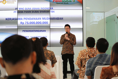 Penandatanganan kerja sama pembiayaan Mudharabah sebesar Rp75 miliar antara PT MNC Guna Usaha dengan PT Bank Panin Dubai Syariah Tbk (PNBS).
