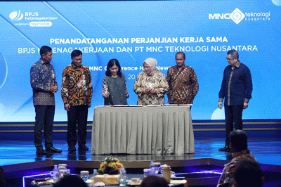 Penandatanganan perjanjian kerja sama BPJS Ketenagakerjaan dan PT MNC Teknologi Nusantara di Jakarta, Kamis (20/10/2022).
