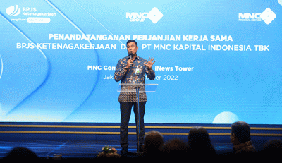 Penandatanganan perjanjian kerja sama BPJS Ketenagakerjaan dan PT MNC Teknologi Nusantara di Jakarta, Kamis (20/10/2022).