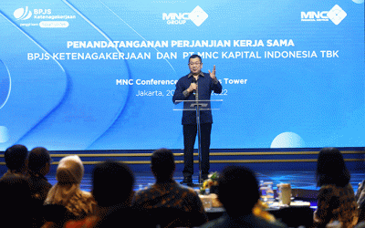 Penandatanganan perjanjian kerja sama BPJS Ketenagakerjaan dan PT MNC Teknologi Nusantara di Jakarta, Kamis (20/10/2022).
