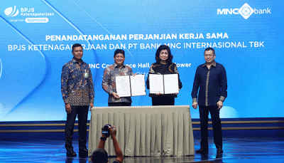 Penandatanganan perjanjian kerja sama BPJS Ketenagakerjaan dan PT MNC Teknologi Nusantara di Jakarta, Kamis (20/10/2022).