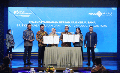 Penandatanganan perjanjian kerja sama BPJS Ketenagakerjaan dan PT MNC Teknologi Nusantara di Jakarta, Kamis (20/10/2022).