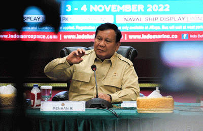 Menteri Pertahanan (Menhan) Prabowo Subianto saat memberikan keterangan pers terkait gelaran acara Indo Defence 2022 Expo & Forum.