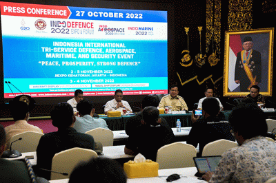 Menteri Pertahanan (Menhan) Prabowo Subianto saat memberikan keterangan pers terkait gelaran acara Indo Defence 2022 Expo & Forum.