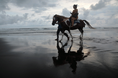 Sejumlah pengunjung menikmati Pantai Parangtritis, Kecamatan Kretek, Kabupaten Bantul, Sabtu (5/11/2022).