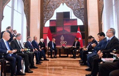 Menteri Pertahanan Prabowo Subianto mendampingi Presiden Joko Widodo dalam pertemuan Bilateral dengan Presiden Turki Recep Tayyip Erdogan di Nusa Dua.
