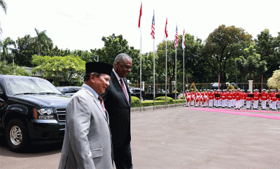 Menteri Pertahanan Prabowo Subianto menerima kunjungan Menteri Pertahanan AS atau Secretary Of Defense Lloyd J Austin III di Kemhan, Jakarta.