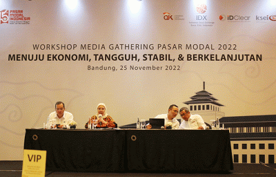 Workshop Media Gathering Pasar Modal 2022, Menuju Ekonomi Tangguh Stabil Dan Berkelanjutan di Bandung, Jawa Barat, Jumat (25/11/2022).