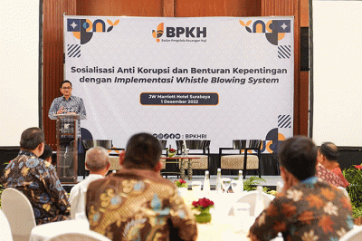 Kasatgas PPG Direktorat Gratifikasi dan Pelayanan Publik KPK Sugiarto saat memberikan sambutan pada diskusi sosialisasi anti korupsi.