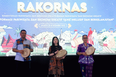 Menteri Pariwisata dan Ekonomi Kreatif (Menparekraf) Sandiaga Uno saat memberikan sambutan pada Rakornas pariwisata dan ekonomi kreatif (Parekraf) 2022.