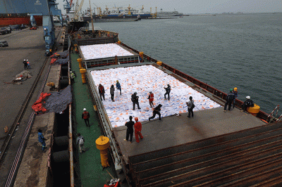 Pekerja menurunkan beras impor asal Vietnam milik Perum Bulog di Pelabuhan Tanjung Priok, Jakarta, Jumat (16/12/2022).