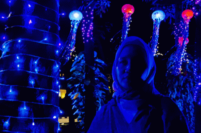 Pengunjung berfoto berlatar lampu warna-warni yang menerangi pepohonan di Taman Sumenep Jakarta Pusat, Kamis, (29/12/2022).