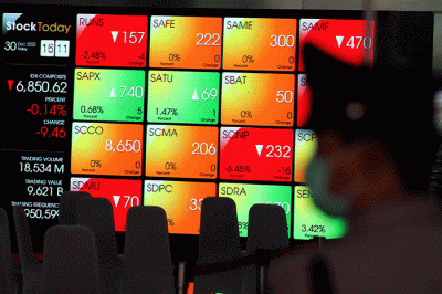 Karyawan melintasi layar yang menampilkan Indeks Harga Saham Gabungan (IHSG) saat acara Penutupan Perdagangan Bursa Efek Indonesia Tahun 2022 di Jakarta.