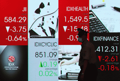 Layar menampilkan pergerakan Indeks Harga Saham Gabungan (IHSG) di Gedung Bursa Efek Indonesia, Jakarta, Senin (2/12/2023).