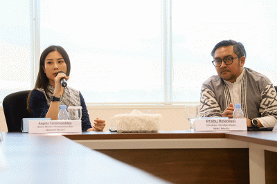 Wamenparekraf Angela Tanoesoedibjo menggelar audiensi dengan para pimpinan redaksi MNC Media di Gedung iNews Tower, Jakarta Pusat, Selasa (10/1/2023).