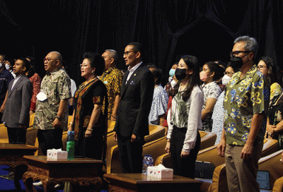 Wamenparekraf Angela Tanoesoedibjo saat memberikan sambutan dalam perayaan Natal Kemenparekraf di Gedung Sapta Pesona, Jakarta, Kamis (12/1/2023).