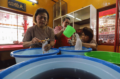 Warga Tionghoa melakukan ritual mandi rupang yakni membersihkan patung dewa dewi di Wihara Amurva Bhumi, Kuningan, Jakarta Selatan, Sabtu (14/1/2023).