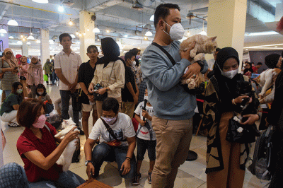 Warga Kota Palembang yang memiliki kucing antusias medatangi dan antre menunggu giliran pemeriksaan kesehatan dan vaksin gratis, di Palembang Indah Mall.