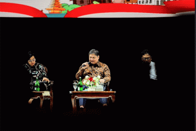 Menteri Koordinator Bidang Perekonomian Airlangga Hartarto saat memberikan arahan dalam Rakornas Kepala Daerah dan Forkopimda di Sentul, Bogor.