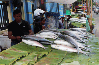 Penjual menyiramkan air pada ikan bandeng yang dijualnya jelang Hari Raya Imlek di Rawa Belong, Jakarta, Jumat (20/1/2023).
