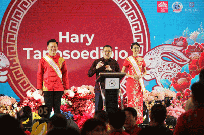 Executive Chairman MNC Group Hary Tanoesoedibjo Menghadiri dan memberikan sambutan di acara Imlek PSMTI Jawa Timur, Jumat (27/1/2023).