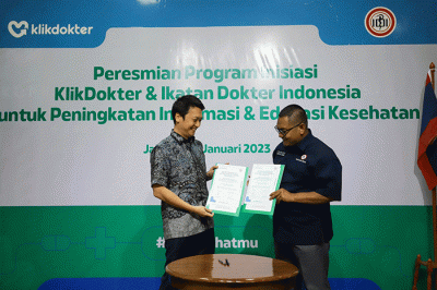 Penandatanganan kerja sama antara KlikDokter dan Ikatan Dokter Indonesia (IDI) di Gedung Pusat IDI, Jakarta, Selasa (31/1/2023).