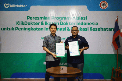 Penandatanganan kerja sama antara KlikDokter dan Ikatan Dokter Indonesia (IDI) di Gedung Pusat IDI, Jakarta, Selasa (31/1/2023).