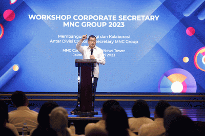 Executive Chairman MNC Group Hary Tanoesoedibjo memberikan arahan dalam kegiatan Workshop Corporate Secretary MNC Group, Selasa (7/2/2023).