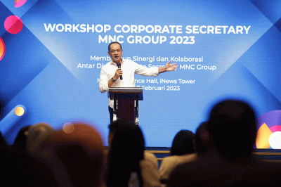 Executive Chairman MNC Group Hary Tanoesoedibjo memberikan arahan dalam kegiatan Workshop Corporate Secretary MNC Group, Selasa (7/2/2023).