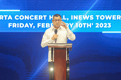 Executive Chairman MNC Group Hary Tanoesoedibjo saat memberikan arahan kepada karyawan MNC Group dalam acara CFO Media Group Forum di Jakarta.