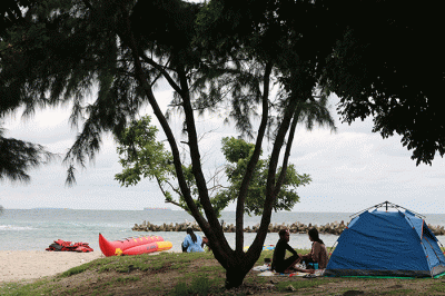 Wisatawan memadati kawasan wisata Kampung Jepang di Pantai Sakura, Kepulauan Seribu Selatan, Jakarta, Sabtu (11/2/2023).