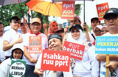 Menteri Ketenagakerjaan Ida Fauziyah menghadiri Pawai HAM Mendukung Percepatan Pengesahan RUU PPRT di Jakarta, Minggu (12/2/2023).