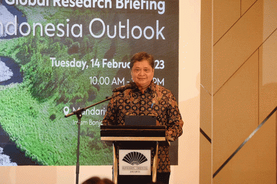 Menko Airlangga Hartarto saat menyampaikan keynote speech mewakili Presiden RI dalam H1 Global Research Briefing – 2023 Global & Indonesia Outlook.