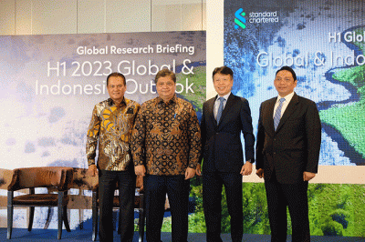Menko Airlangga Hartarto saat menyampaikan keynote speech mewakili Presiden RI dalam H1 Global Research Briefing – 2023 Global & Indonesia Outlook.