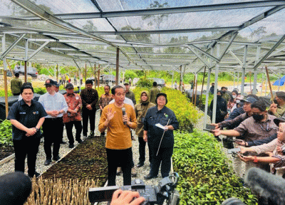 Presiden Joko Widodo meninjau Persemaian Mentawir di Kabupaten Penajam Paser Utara, Kalimantan Timur, Kamis (23/2/2023).