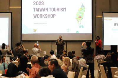 Representative, Taipei Economic and Trade Office (TETO), John C. Chen saat memberikan sambutan pada acara 2023 Taiwan Tourism Workshop di Jakarta.