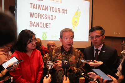 Representative, Taipei Economic and Trade Office (TETO), John C. Chen saat memberikan sambutan pada acara 2023 Taiwan Tourism Workshop di Jakarta.